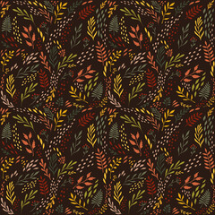 Hand drawn pattern of autumn plants. Autumn leaves, leaf fall. Modern bright style.