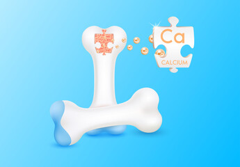 Healthy bone anatomy and Minerals calcium in the shape of jigsaw. Vitamin collagen heal arthritis knee. Medical concept. Isolated on blue background realistic 3d vector. Can used to ad supplements.