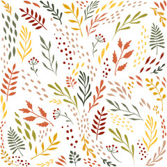 Hand drawn pattern of plants, leaves and branches on a white background.