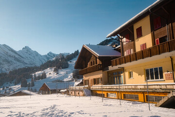 Murren , Swiss mountain village near Schilthorn  and Lauterbrunnen during winter sunny day : Murren , Switzerland : December 3 , 2019