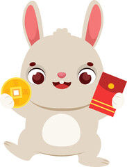 cute cartoon rabbit with red envelope and golden coin money. 2023 Happy Chinese new year mascot hare. Lunar zodiac animal bunny