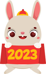 Obraz premium Cartoon tiger with celebration scroll. Happy Chinese new year celebration animal bunny character for 2023