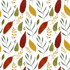 Obraz premium Hand drawn seamless pattern with orange, yellow and green autumn leaves and branches on a white background.