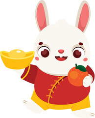 Cartoon rabbit with golden boat yuanbao ingot and tangerines. Happy Chinese new year celebration bunny character for 2023 - 531630496