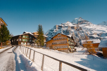 Murren , Swiss mountain village near Schilthorn  and Lauterbrunnen during winter sunny day : Murren...