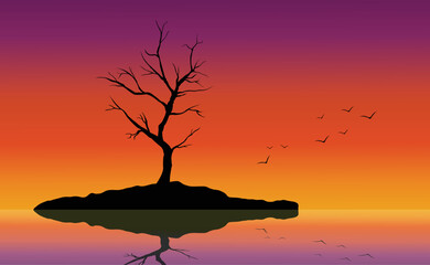 Flock of bird flying in the sky at sunset. Vector Illustration