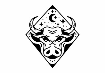 Bull head Black and white line art mono line tattoo