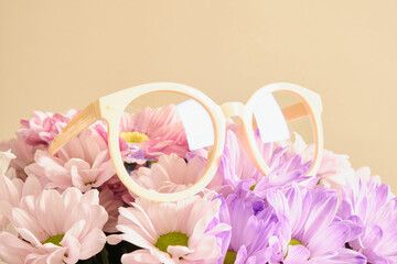 trendy plastic eye glasses and flowers, fashion eyewear conccept