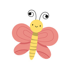 Cartoon pink butterfly with heart on wings. Cute smiling character for childish design. Flat vector illustration isolated on a white background. EPS