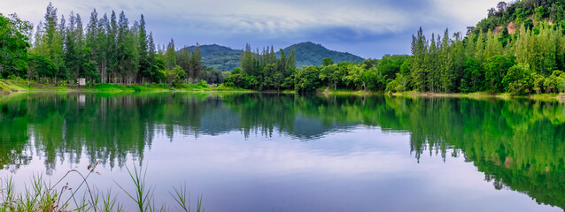Landscape of Lake and Pine tree in Liwong, new camping iconic located in Chana, Songkhla Thailand