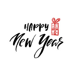 Happy New Year phrase. Holiday lettering with hand drawn gift. Modern brush calligraphy. Vector illustration