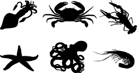 Collection of sea animals silhouettes. Crab, crayfish, octopus, starfish, squid, shrimp. The silhouette is black.