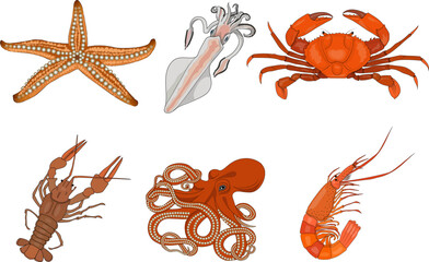 Collection of sea animals silhouettes. Crab, crayfish, octopus, starfish, squid, shrimp.