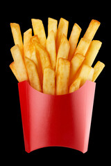 Delicious potato fries, isolated on black background