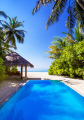 Obraz na płótnie Canvas Landscape on Maldives island, luxury water villas resort with pool. Beautiful sky and ocean and beach with palms background for summer vacation holiday and travel concept. Luxury travel.