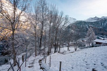Gimmelwald , beautiful mountain village near Murren and Stechelberg during winter  : Murren , Switzerland : December 3 , 2019