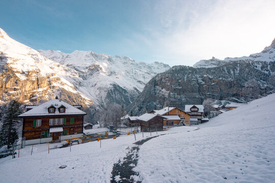 Gimmelwald , beautiful mountain village near Murren and Stechelberg during winter  : Murren , Switzerland : December 3 , 2019