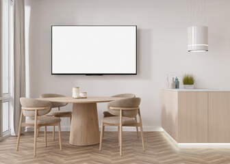 LED TV with blank white screen, hanging on the wall at home. TV mock up. Copy space for advertising, movie, app presentation. Empty television screen ready for your design. Modern interior. 3D render.