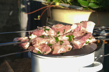 Marinated meat on skewers lying on a saucepan. Pickled meat with herbs ready for cooking on coals.