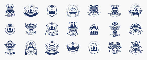 Classic style crowns emblems big set, ancient heraldic symbols awards and labels collection, classical heraldry design elements, family or business emblems with coronets.