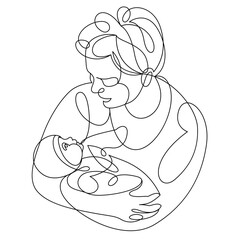 Grandmother and baby child grandson or granddaughter vector linear illustration isolated, grandma holding baby showing love and care.