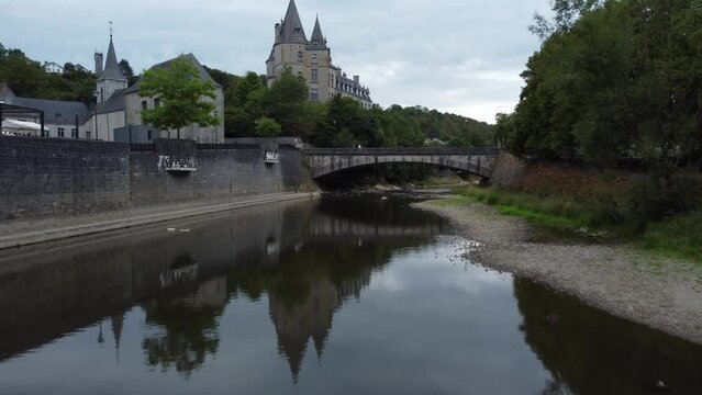 Medieval castle of Durbuy and river Ourthe. Touristic place at the Belgian Ardennes, Aerial