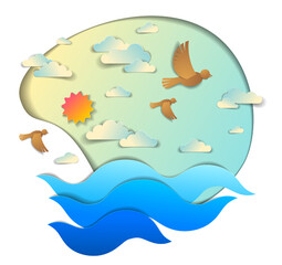 Fototapeta premium Beautiful seascape with sea waves, birds clouds and sun in the sky, vector illustration in paper cut style, water travel summer holidays theme.