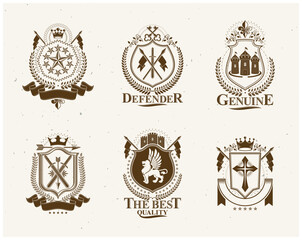Old style heraldry, heraldic emblems, vector illustrations. Coat of Arms collection, vector set.