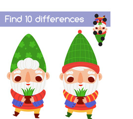 Find the differences educational children game. Kids activity with cute garden gnome