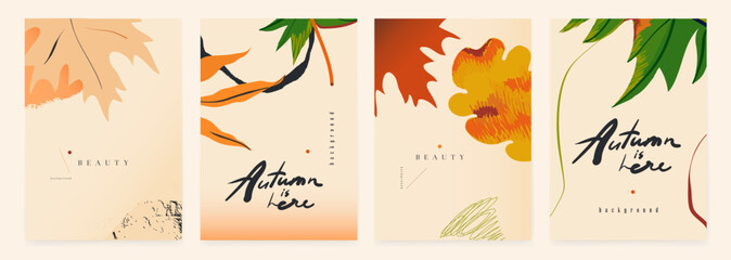 Autumn seasonal artistic abstract background templates. Modern hand drawn vector illustration.