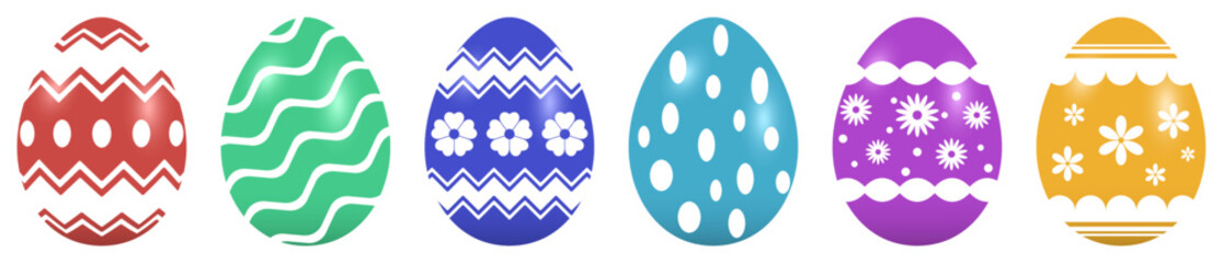 Osterei Vektor Kollektion. Bunte Eier mit verschiedenen Mustern auf einem weißen isolierten Hintergrund.
Sechs Ostereier in rot, blau, grün, cyan, magenta, gelb.