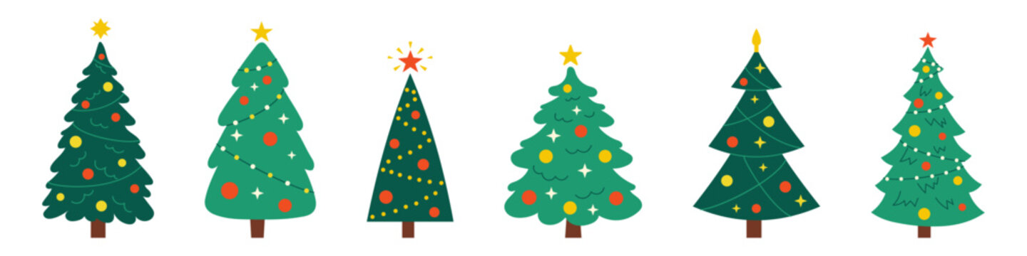 Vector New Year set with christmas trees. Evergreen trees with balls, stars and garlands. Fir trees for Christmas.