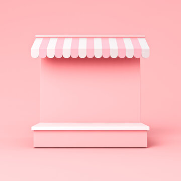 Kiosk stand exhibition booth store with product shelf or blank display shop stand with pink striped awning isolated on pink pastel color background minimal conceptual 3D rendering