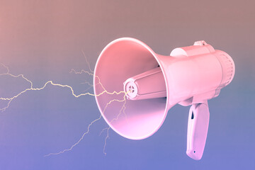 Vibrant pink megaphone with thunderbolt against purple-brown background. Minimal abstract retro futuristic concept of hurtful words, hate or free speech. 3D illustration. Vaporwave creative card.