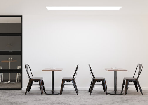 Empty white wall in modern cafe. Mock up restaurant interior in contemporary style. Free, copy space for your advertising banner, artwork, picture, text, or other design. Empty space. 3D rendering.