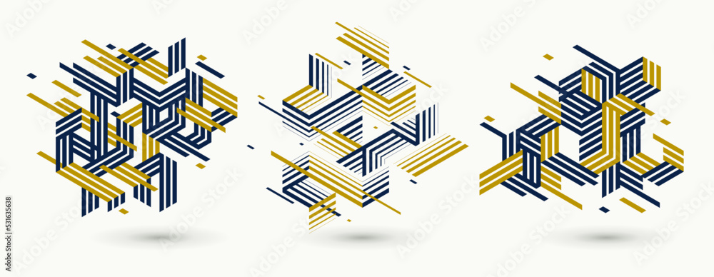 Aufkleber abstract polygonal backgrounds with stripy triangles and 3d cubes vector designs set. templates for 