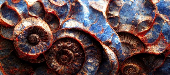 Elaborate and unique calcified ammonite sea shell spirals embedded into rock. Prehistoric fossilized beauty of an ancient past with colorful iridescent texture and surface patterns art.