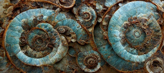 Elaborate and unique calcified ammonite sea shell spirals embedded into rock. Prehistoric fossilized beauty of an ancient past with colorful iridescent texture and surface patterns art.