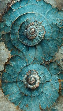 Elaborate and unique calcified ammonite sea shell spirals embedded into rock. Prehistoric fossilized beauty of an ancient past with colorful iridescent texture and surface patterns art.
