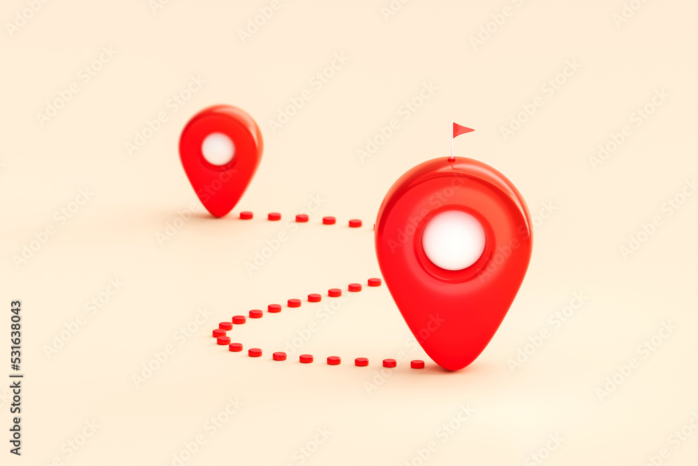 Poster location pin route distance navigation 3d icon on start target concept background with travel gps ma