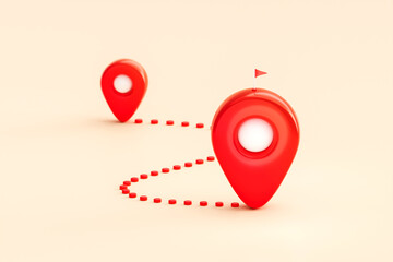 Location pin route distance navigation 3d icon on start target concept background with travel gps map road marker pointer symbol contact or global position system sign and find direction mark point.
