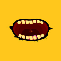 Vector cartoon funny zombie monster open mouth with rotten teeth isolated on orange background. Vector Halloween greeting card with funne orange monster mouth. Cartoon vampire and witch fangs