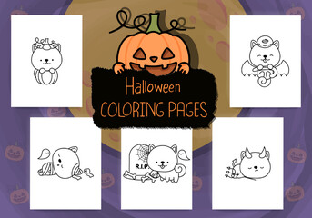 Set of Halloween Coloring Pages. Collection of Outline Halloween Dog Clipart. Beautiful Doodle Halloween Shiba Inu. Set of Five Outline Animals Vector, for Halloween Coloring Book.
