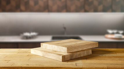 Desk of free space and kitchen interior 