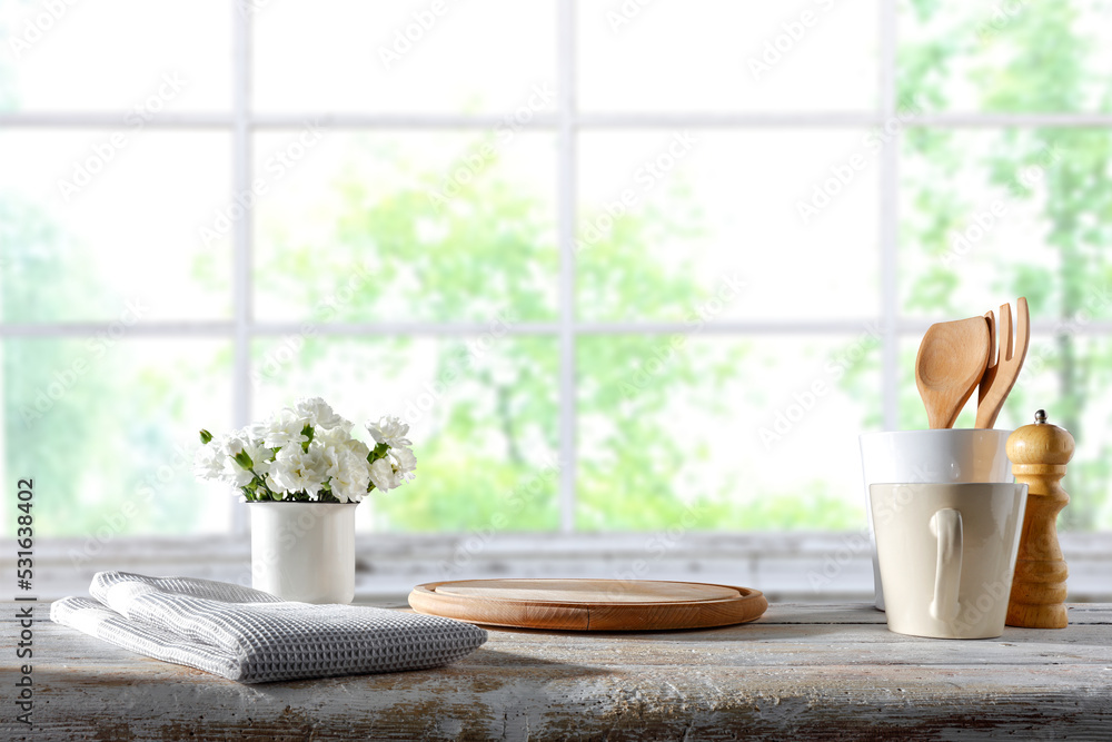 Wall mural Desk of free space and autumn window 