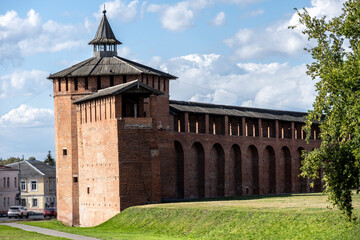 Fototapeta na wymiar landscape with historical fragments of the brick red Kremlin of the city of Kolomna