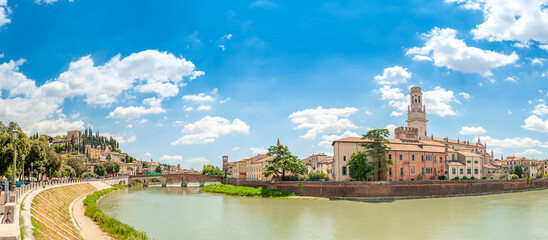 Panorama of the Ponte Pietra bridge and the city of Verona on the banks of the river with...