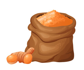 Tumeric flour in wooden bowl with seeds. Healthy gluten free food. Powde in organic product. Vector illustration isolated on white background