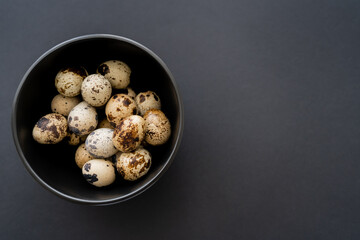 Top view of quail eggs in bowl on black background with copy space.