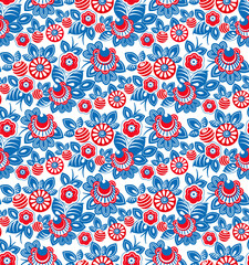 Naklejka premium Gorodets painting. Seamless Pattern. Nesting Doll and Gorodets toys. Vector Illustration.